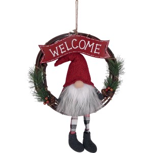 Ghirlanda natalizia con gnomo e cartello "Welcome" come decorazione per porta.