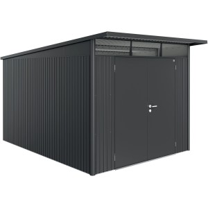 Moderna casetta da giardino in metallo antracite con doppia porta. Ideale per riporre gli attrezzi da giardino.