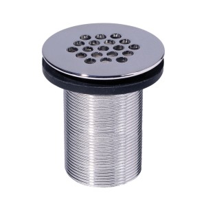 Sifone doccia cromato con griglia di scarico rotonda.