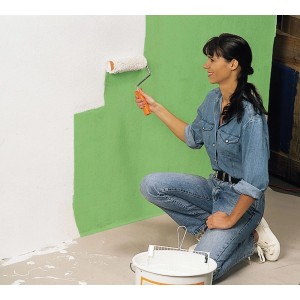 Donna che dipinge la parete con rullo, carta protettiva LUX consigliata per la copertura.