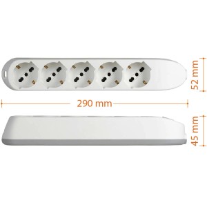 Multipresa bianca t.b.t. con cinque prese e dimensioni.