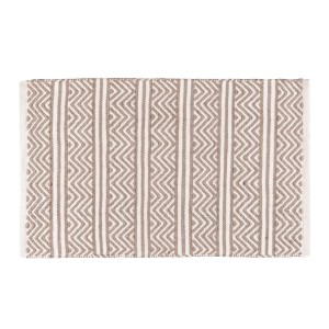Tappeto bagno Wenko Shaki, 50x80 cm, motivo a zigzag beige e bianco, realizzato con bottiglie PET riciclate.
