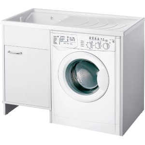 Mobile lavatoio bianco con lavatrice integrata.