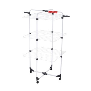 Stendibiancheria bianco a tre piani con ruote per interni.