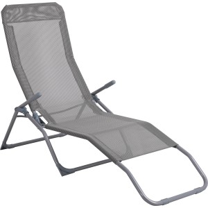 Lettino prendisole Pando grigio pieghevole con schienale regolabile e rivestimento in tessuto.