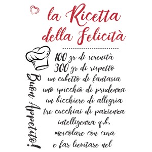 Adesivo murale "Ricetta della Felicità" con lista ingredienti per qualità positive. Ideale come decorazione.