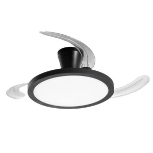 Plafoniere LED moderna t.b.t. con dettagli neri e pale del rotore trasparenti.