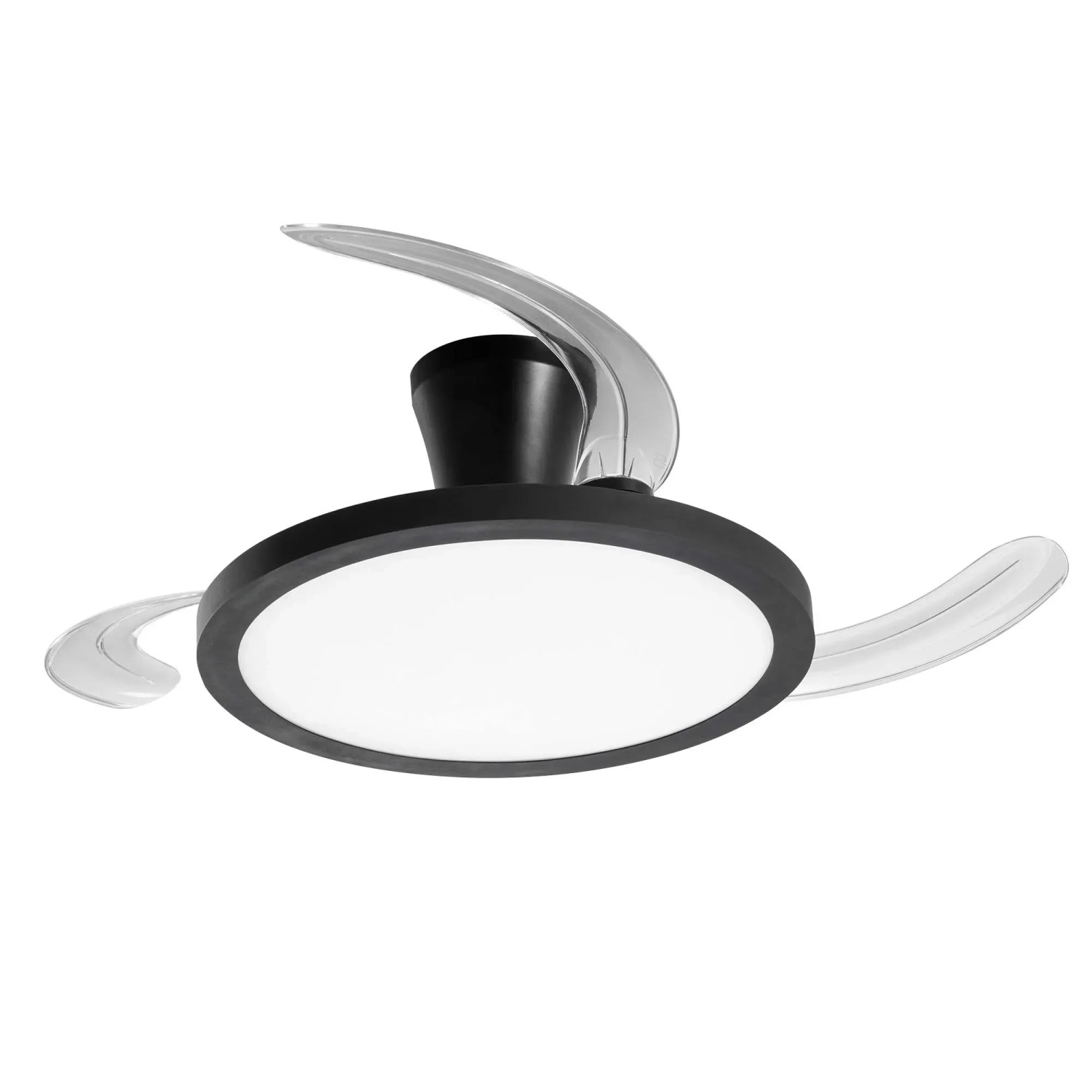Plafoniere LED moderna t.b.t. con dettagli neri e pale del rotore trasparenti.