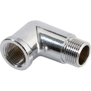 Raccordo a gomito t.b.t. in acciaio cromato, con filettatura interna ed esterna.
