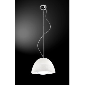 Lampada a sospensione bianca t.b.t. con paralume semicircolare per illuminazione soggiorno.