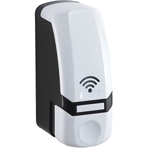 Dispenser sapone t.b.t. bianco con corpo nero e sensore.