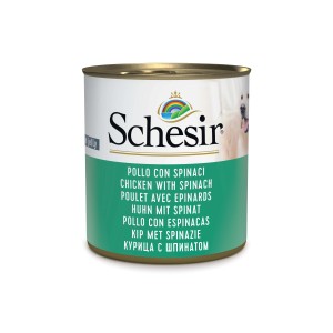 Schesir cibo umido per cani con pollo e spinaci in lattina.