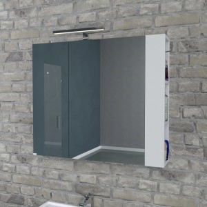 Specchiera moderna con illuminazione e ripiani laterali. Specchio da bagno per più spazio.