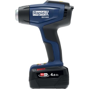 Pistola termica a batteria Rapid RX1000 18V con batteria e caricabatterie. Dispositivo ad aria calda blu/nero.