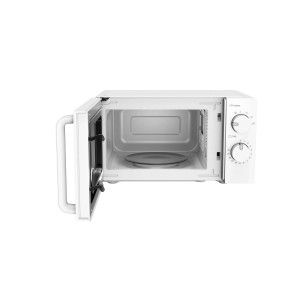 Forno a microonde t.b.t. bianco aperto con piatto girevole.