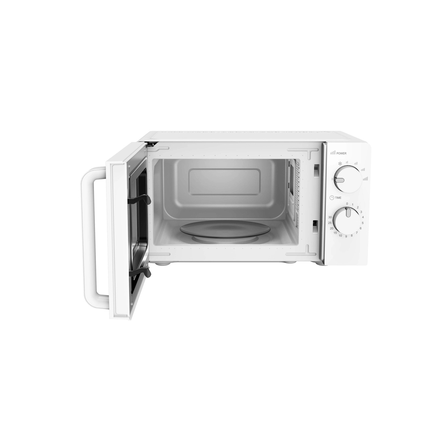 Forno a microonde t.b.t. bianco aperto con piatto girevole.