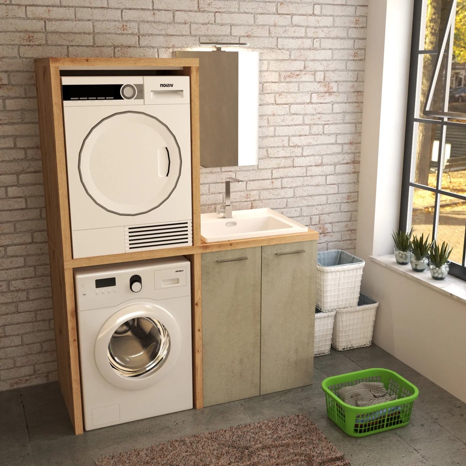 Lavatrice e asciugatrice in set di mobili da bagno. Soluzione bagno compatta.
