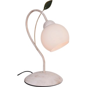 Lampada da scrivania decorativa con paralume in vetro bianco e dettaglio a forma di foglia.