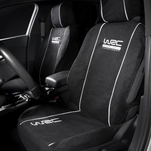 Coprisedili auto neri con logo WRC, accessorio per interni auto.