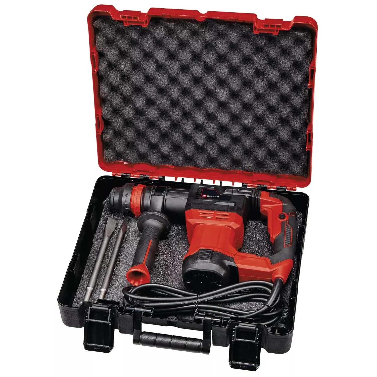 Martello perforatore rosso in valigetta nera con accessori. Categoria: Martelli demolitori.