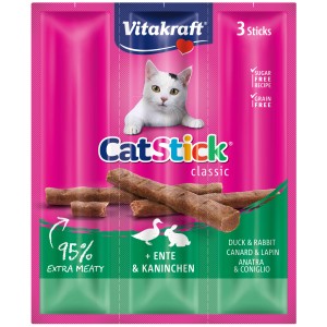 Vitakraft Cat Stick Anatra & Coniglio, 3 pezzi. Snack per gatti con pollame e coniglio.