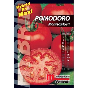 Busta di semi di pomodoro 'Montecarlo F1' di Magnani Sementi, varietà ibrida per l'orto.