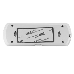 Retro di una torcia t.b.t. bianca con strisce adesive 3M e fori per appenderla.