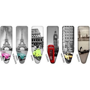 t.b.t. Copriasse da stiro con motivi di Parigi, Roma, Londra, New York e Venezia.