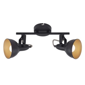 Faretto LED t.b.t. nero con due lampade per montaggio a soffitto.