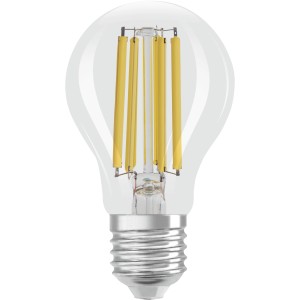 Lampadina LED E27 Osram trasparente a forma di lampadina con tecnologia a filamento.