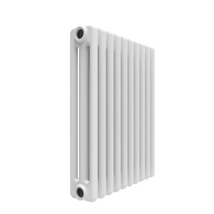 Radiatore bianco t.b.t. con alette di riscaldamento verticali.