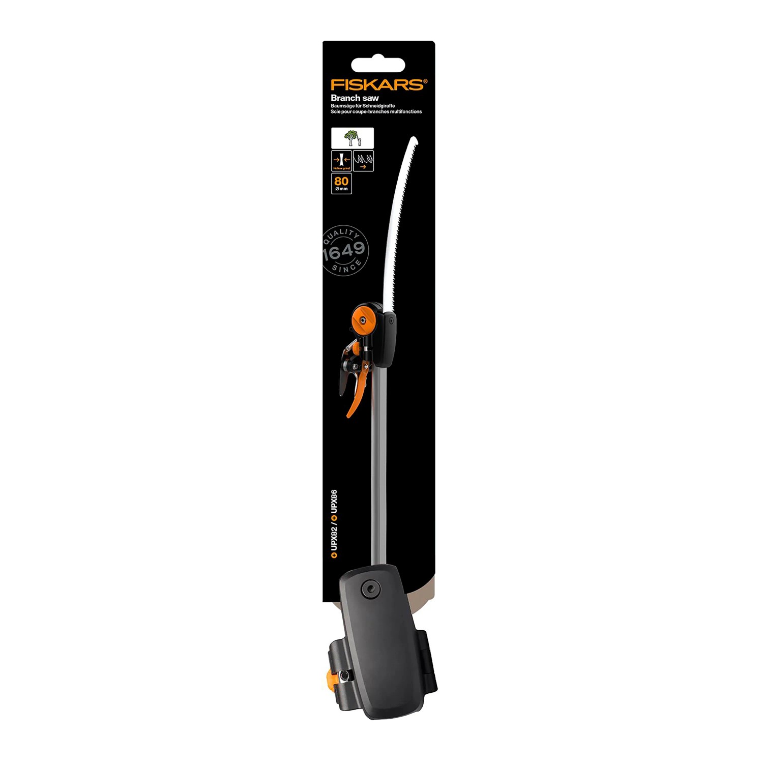 Accessorio per sega per alberi Fiskars per tagliarami UPX82/86, confezionato. Sega da giardino per rami fino a 80 mm Ø.