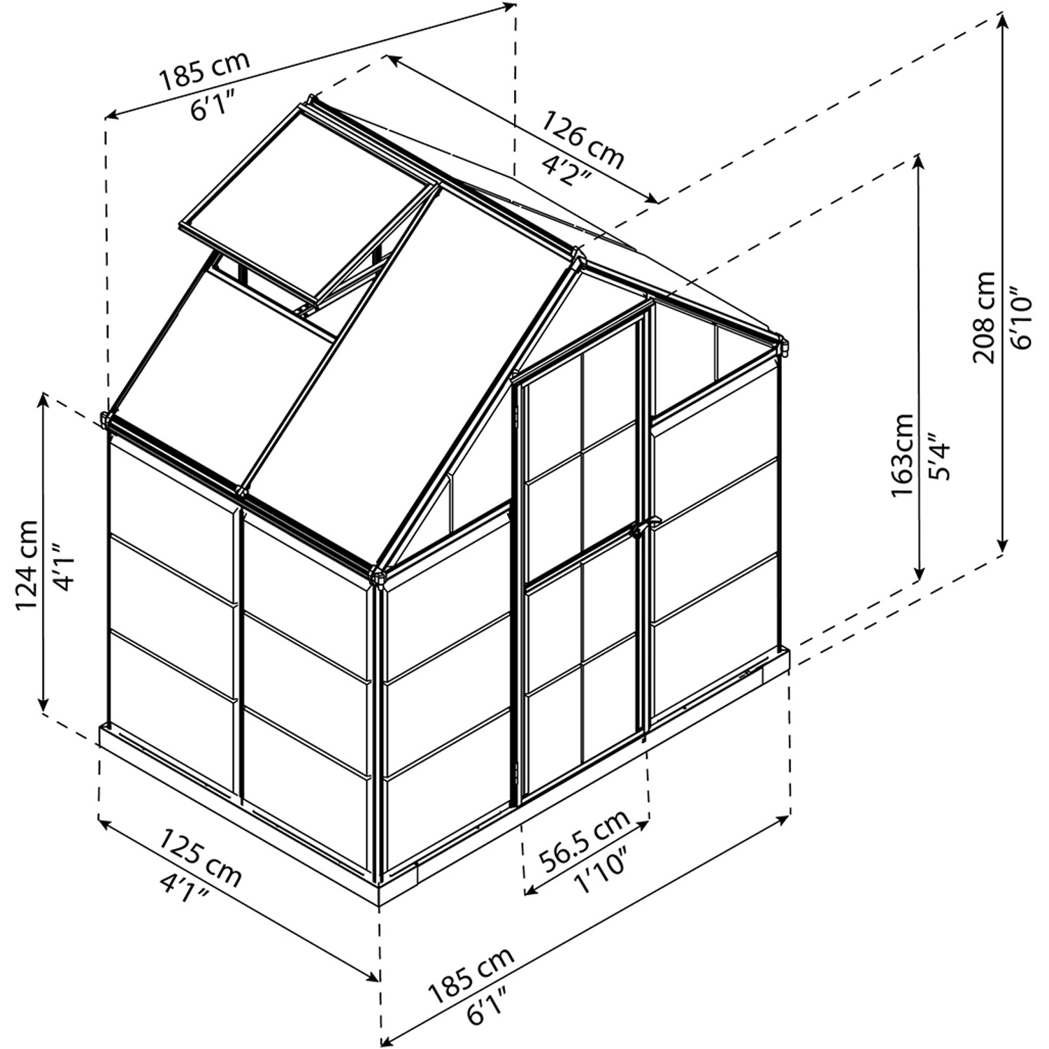 Disegno tecnico: serra Palram Canopia Hybrid 1.3x1.9m, telaio argento, pareti chiare, dimensioni.