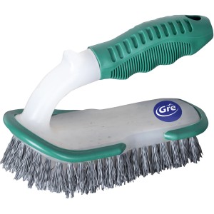 Spazzola per piscina con manico verde e setole per la pulizia della piscina.