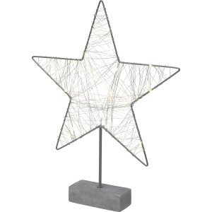 Luce decorativa a forma di stella per interni, struttura in metallo con luci su base grigia.