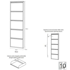 Schizzo di una scarpiera stretta con cinque scomparti e dimensioni.