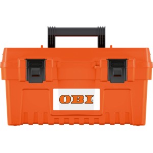 Cassetta degli attrezzi OBI in plastica arancione con maniglia e chiusure nere.