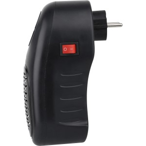 Termoventilatore elettrico t.b.t. compatto nero con spina e interruttore rosso.