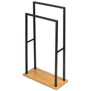Wenko Porta asciugamani Bambusa con 2 aste, acciaio nero, base in bambù
