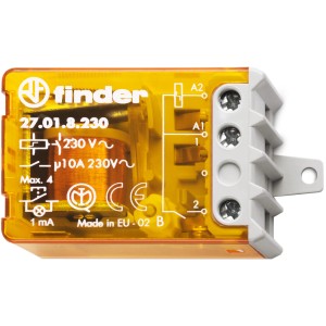 Relè Finder giallo con marcature e connessioni.