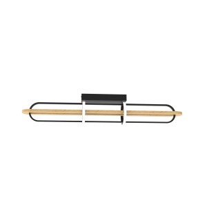 Plafoniera LED moderna con elementi in legno e metallo in nero e naturale.