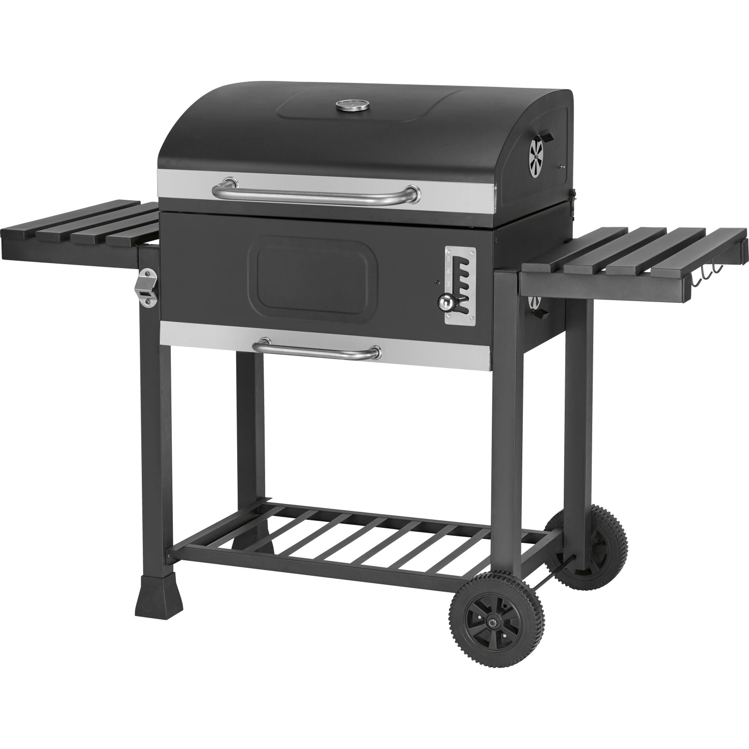 Barbecue a carbonella Jamestown Jaxon XL grigio scuro con termometro, ripiani laterali e ruote. Ideale per giardino.