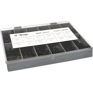 Assortimento di O-ring, 12 misure, 430 pezzi, in scatola di assortimento.