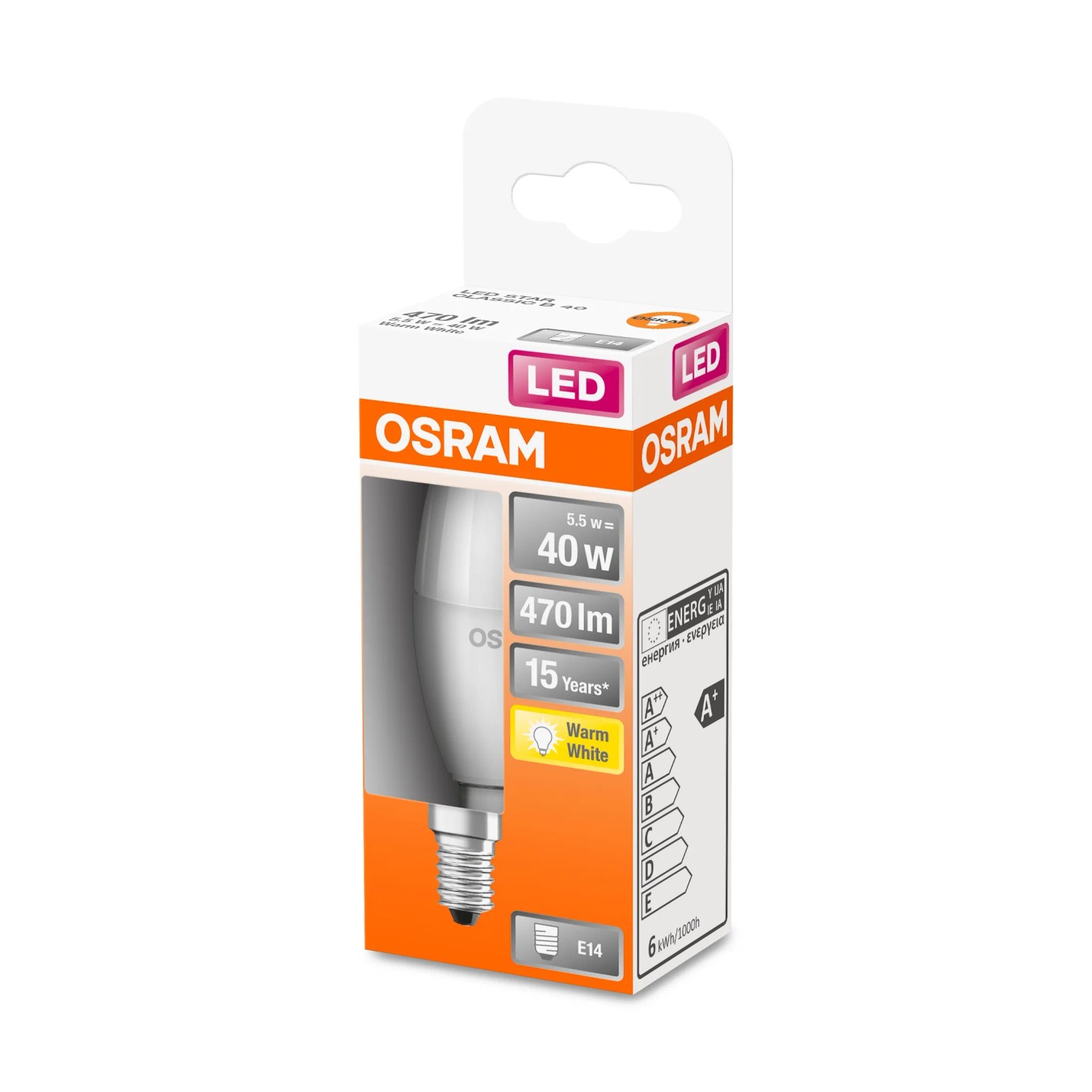Lampadina LED Osram E14 a candela, 4,9W, bianco caldo, nella confezione.