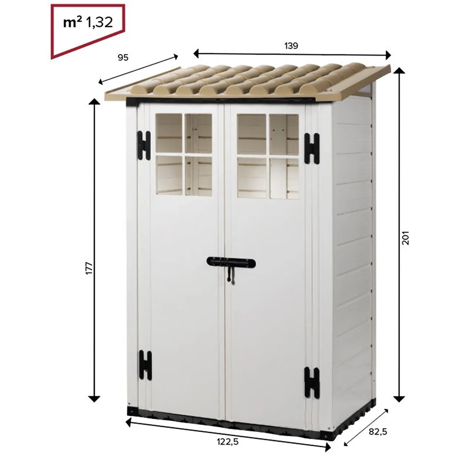 Casetta da giardino Garofalo Tuscany Evo, 122,5x82,5x201 cm, in metallo, bianco-beige. Casetta con doppia porta e finestre.