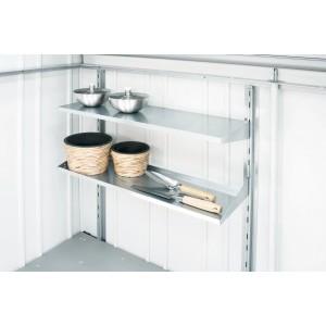 Set di mensole Biohort per StoreMax 190 con 2 ripiani in acciaio e supporti per l'organizzazione del giardino.