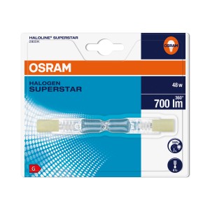 Lampada alogena Osram R7s 48W, bianco caldo, nella confezione. Lampada alogena per interni ed esterni.