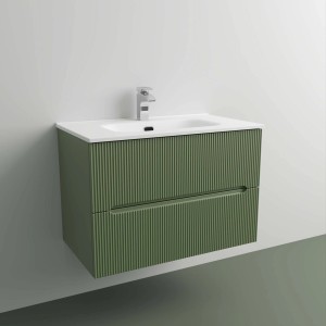 t.b.t. Mobile bagno verde con due cassetti e lavabo bianco.