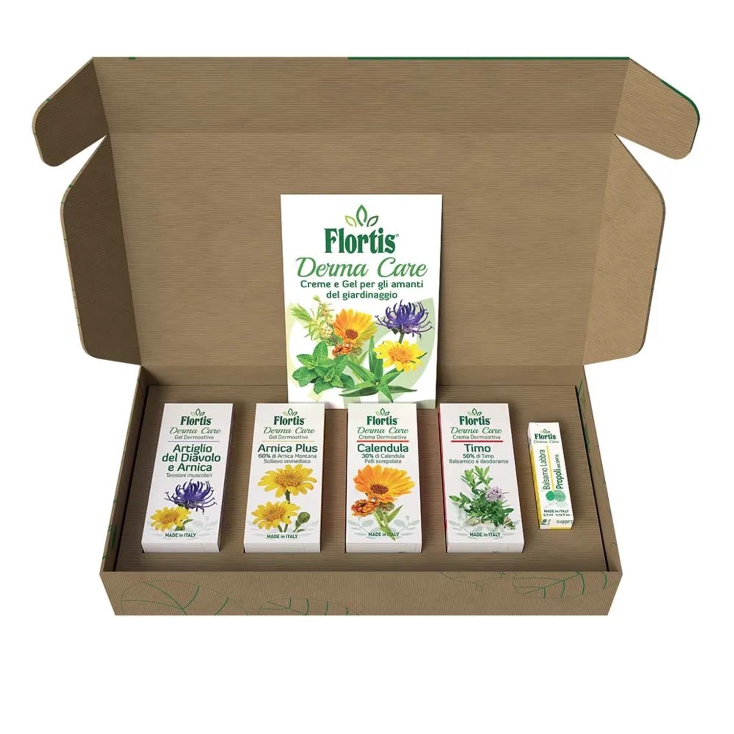 Set Flortis Derma Care per amanti del giardino: crema, gel, arnica, calendula e altro.