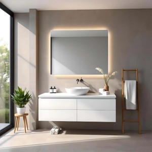 Bagno con specchio da parete t.b.t. illuminato sopra mobile lavabo bianco.